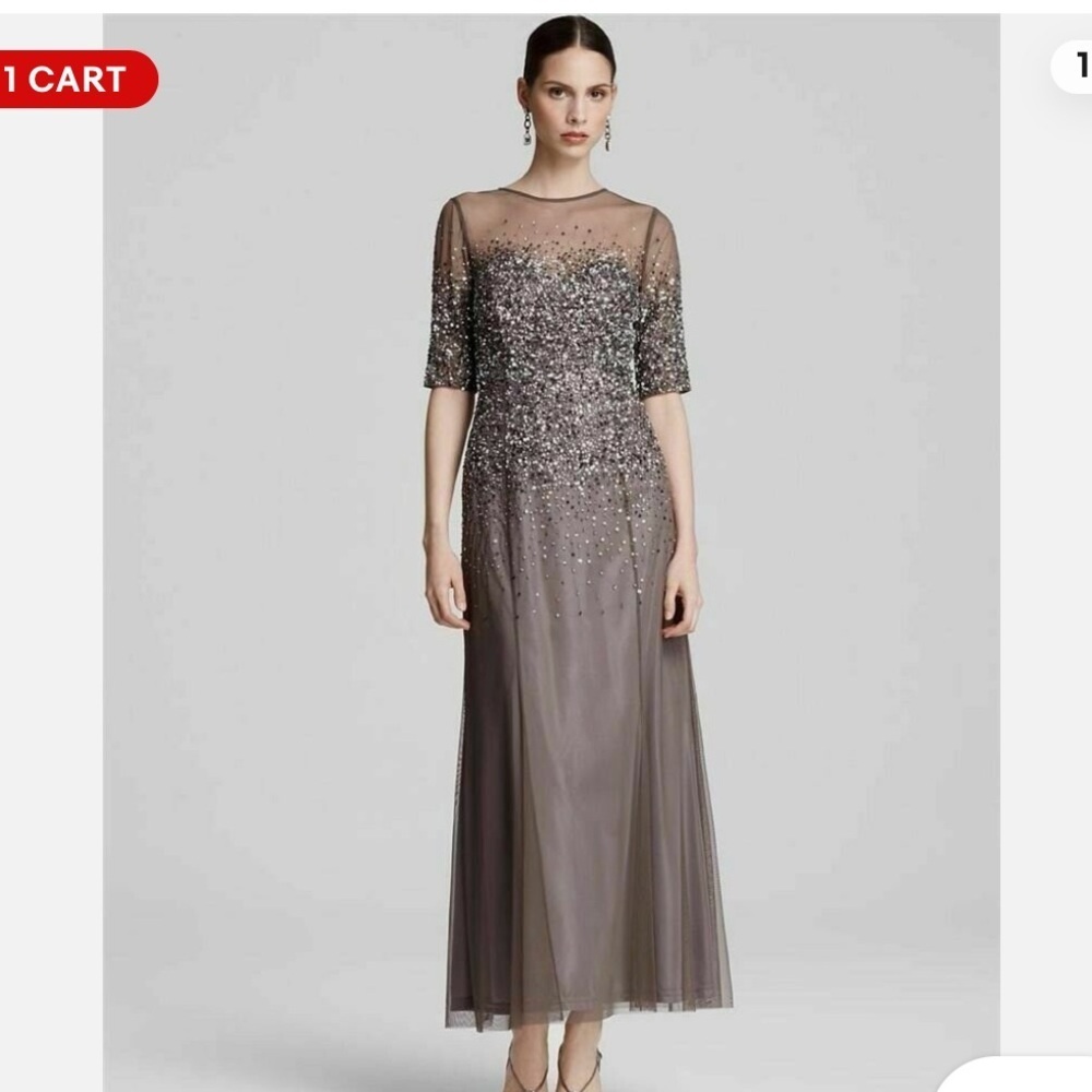 Adrianna Papell Beaded Illusion Bodice Mesh Gown Dress Sz 6 lead